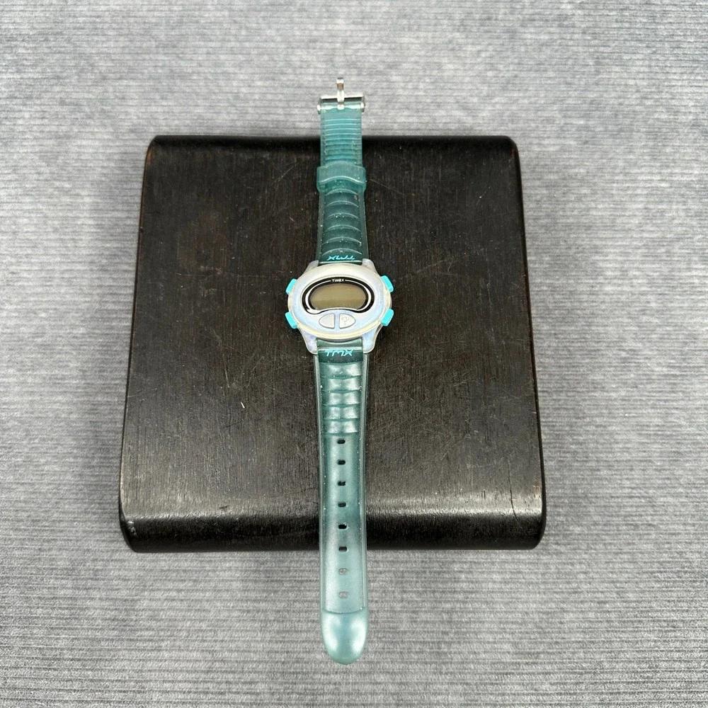 Vintage Timex TMX Digital Watch Translucent Teal Blue Y2K Sport 777 Water Resist